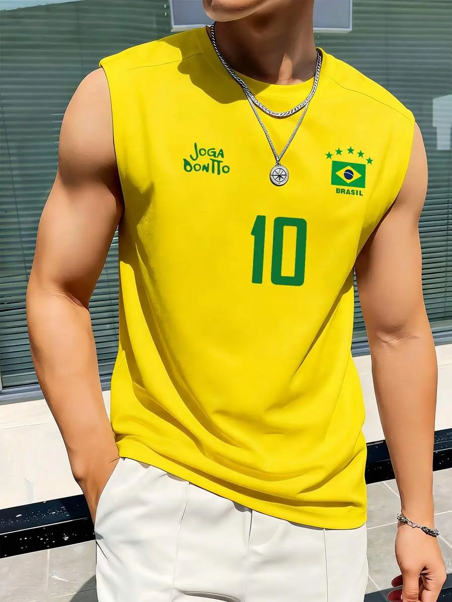 Men's Sports Tank Top, Retro Brazil Football Jersey - Legendary Number 10, Casual Football Fan Outfit, Football Shirt, Regular Fit Sleeveless Fitness Wear, Soft And Comfortable Fabric