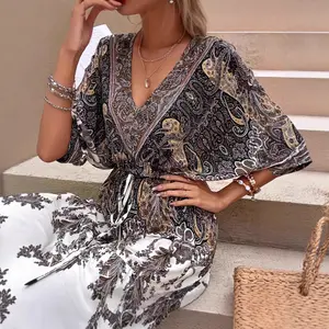 Summer New Bohemian Dress Thai Ethnic Collar Beach Vacation Printed Cotton Silk Maxi Dress