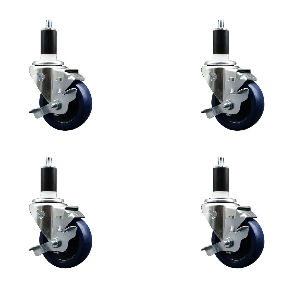 Service Caster SCC-EX20S3514-SPUS-TLB-138-4 Solid Polyurethane Swivel Expanding Stem Casters (Set of 4), 3.5 in. Blue Wheels with Top Locking Brakes, 1.38 in. Stems, Knobs, 300 lbs per Unit for Shop Projects