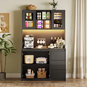 71" Tall Kitchen Pantry Cabinet, Kitchen Storage Hutch with LED Lighting & Built-in Power Outlets, Microwave Stand, Glass Door, Adjustable Shelves, Handless Modern Design
