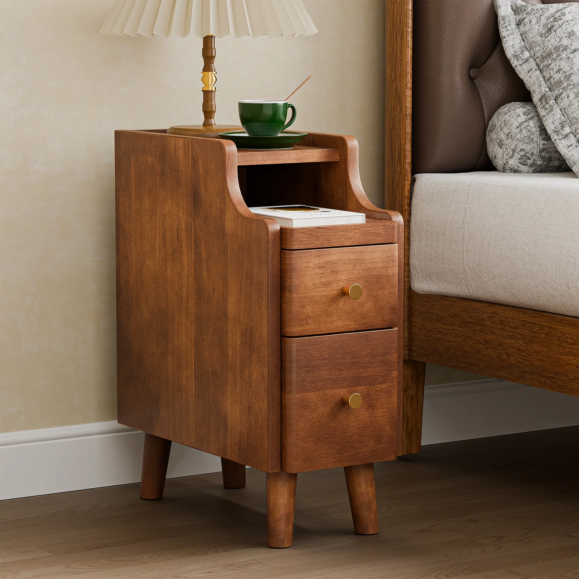Solid Wood Furniture Small Nightstand - No MDF, Pre-Assembled Solid Wood Small Skinny Night Stand with Open Sliding Shelf ,Narrow Nightstand with Drawers, Slim Side Table , Walnut