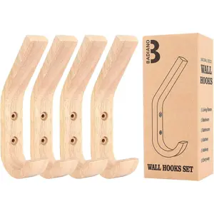 Pack of 4 Wooden Wall Hooks, Decorative Natural Wood Coat Hanger, Mounted Towel Rack for Hanging Coat, Bags, Keys, Fishhook-Shaped Hat Organizers for Entryway, Living Room