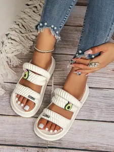 Women's Avocado Pattern Thick Sole Sandals, Summer Two Straps Letter Design, Versatile One-Piece Slippers, Fresh and Stylish Footwear