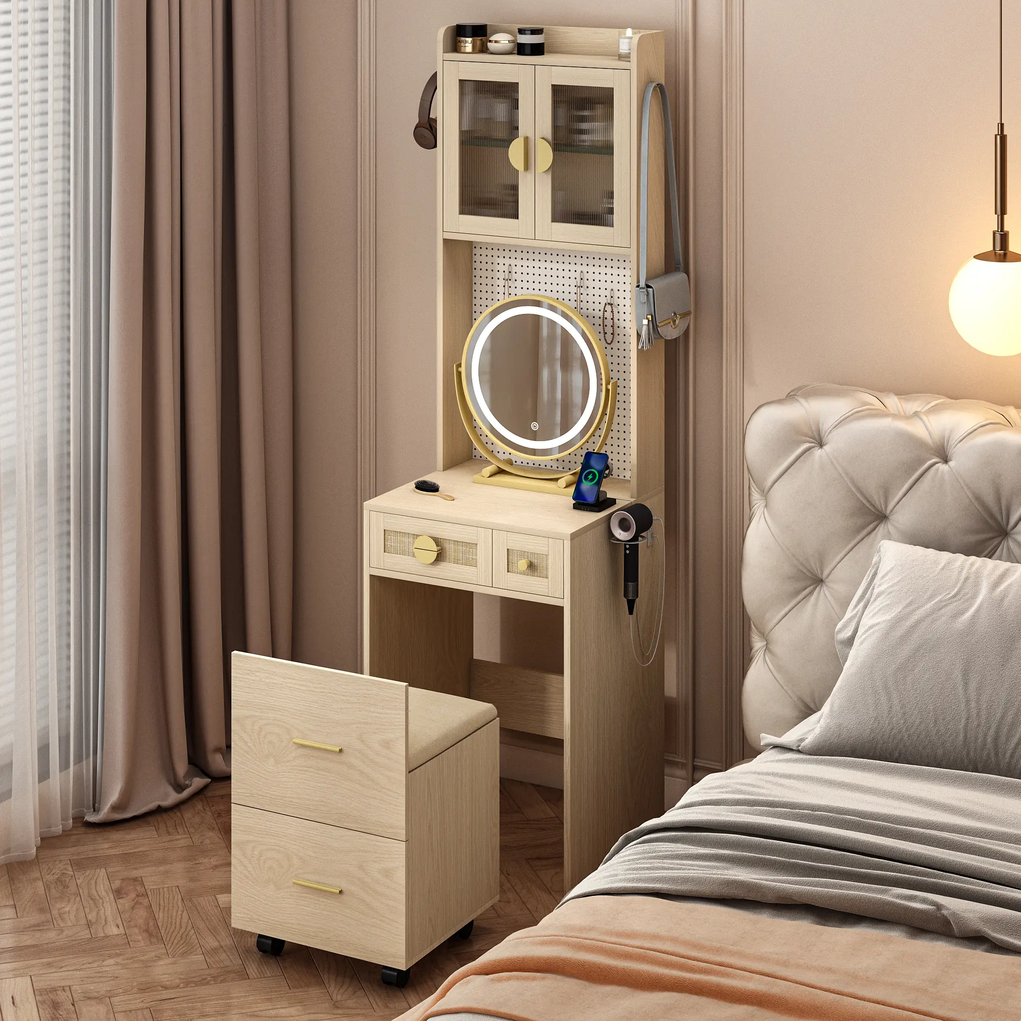 (High end and high-quality)Small Vanity Desk with Mirror and LED Lights, Makeup Table with Charging Station and drawers and Storage Shelves for Small Space, Compact Mini Corner Vanity Set with Hidden Storage Stool for Bedroom vanity  without  let