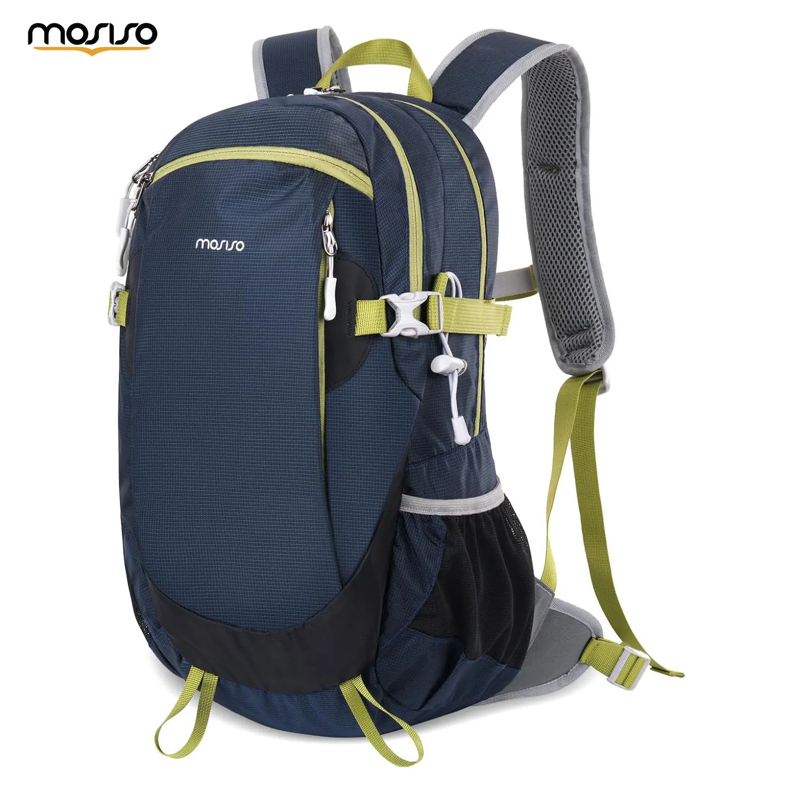 MOSISO 25L Hiking Backpack, Lightweight Outdoor Travel Backpack with Rain Cover, Multi-Compartment Camping Daypack with Ventilated Back Panel & Safety Whistle for Hiking Running, Blue & Green