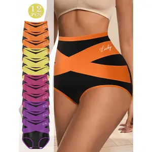 QUASTI Women's 12-Piece Colorblock Panties High-Waist, Polyester, Lightweight, Breathable, Seamless Contrasting Mesh, Smooth Hip-Lifting Control, Slimming, Elegant, Comfortable Daily Wear Briefs (S-XXL)