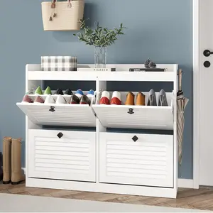 Large Shoe Storage Cabinet with 4 Flip Drawers, Narrow Shoe Cabinet for Entryway with Wooden Legs, Freestanding Hidden Shoe Rack Organizer for Hallway, Bedroom, Living Room