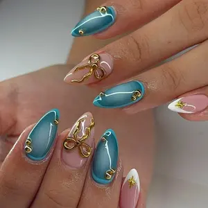 New Design Blue Gradient Cat Eye Nail Art, Luxurious Bow Decorative Long Fake Nails Set, Reusable for Women