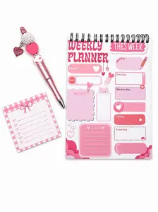 Cute Pink Planner Set - Weekly Planner, Handmade Beaded Pen & Sticky Note Gift Bundle