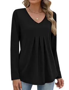 Women Long Sleeve Top V Neck Casual Shirt Loose Fit Fall Blouse Trendy Tunic Clothes 2026