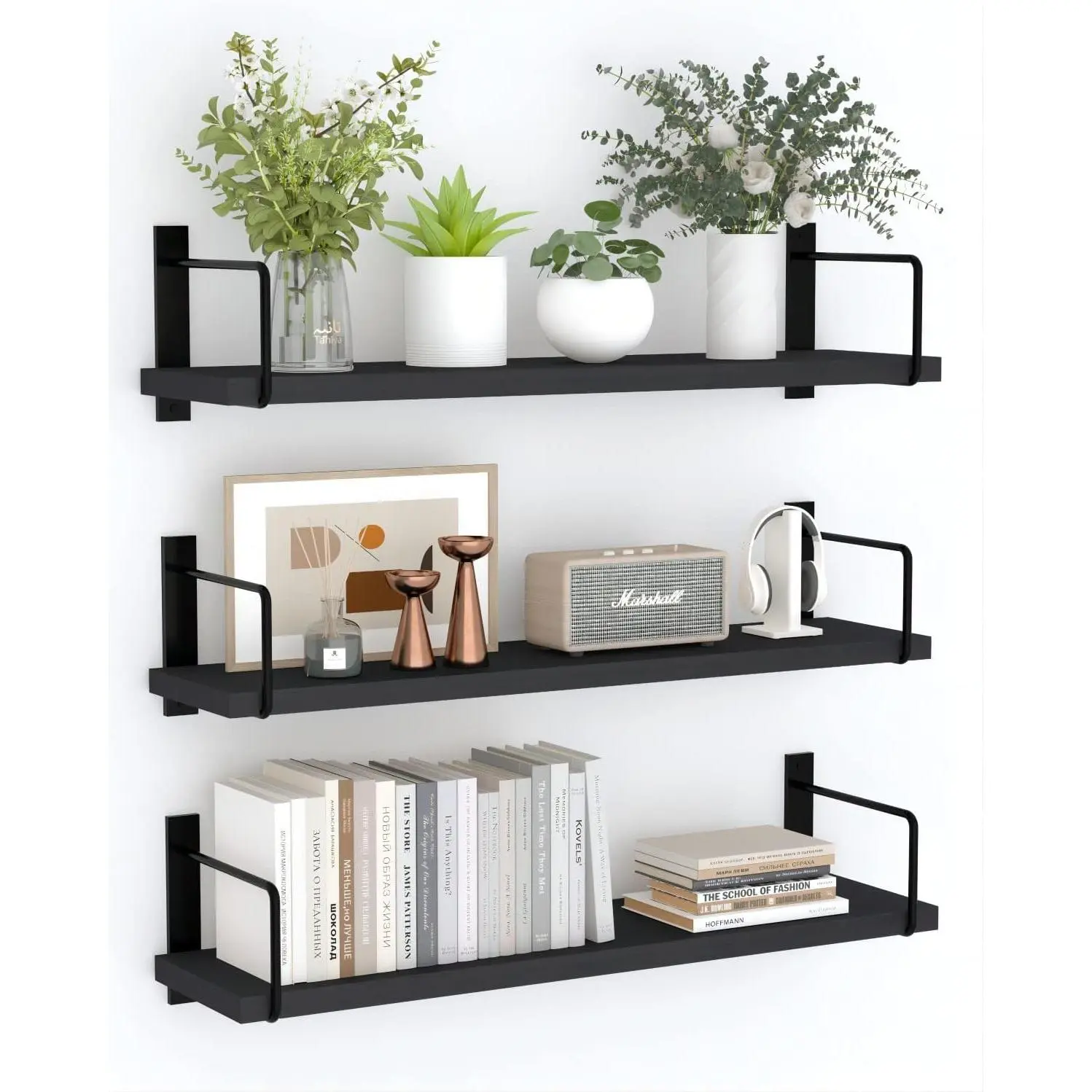Floating Shelves - 24 Inch Wall Mounted Set of 3, Rustic  Storage Shelves for Living Room (Black)