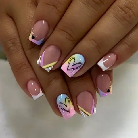 Heart & Gradient Pattern Fake Nail, 24pcs/set Short Square Press on Nails with Nail File & Tape, Removable Nail Art Artificial Full Cover, Nail Art Design