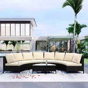 【Sub 3 packages】Niccae TOPMAX 5 Pieces All-Weather Brown PE Rattan Wicker Sofa Set Outdoor Patio Sectional Furniture Set Half-Moon Sofa Set with Tempered Glass Table