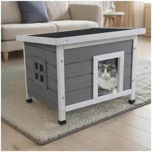 Natural Wood Pet House - Waterproof, Insulated, Unique-Shape with Asphalt Roof, Indoor/Outdoor Shelter for Cats, Small Dogs, Outdoor Decor