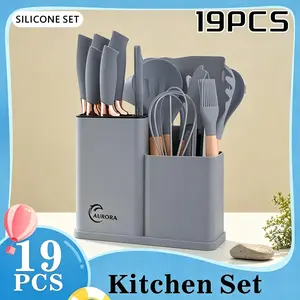 Professional 19-Piece Kitchen Knife Set, including chef's knife, paring knife, and scissors. Forged from high-carbon stainless steel for excellent sharpness, and equipped with non-slip grip handles. Suitable for everyday use in home kitchens.