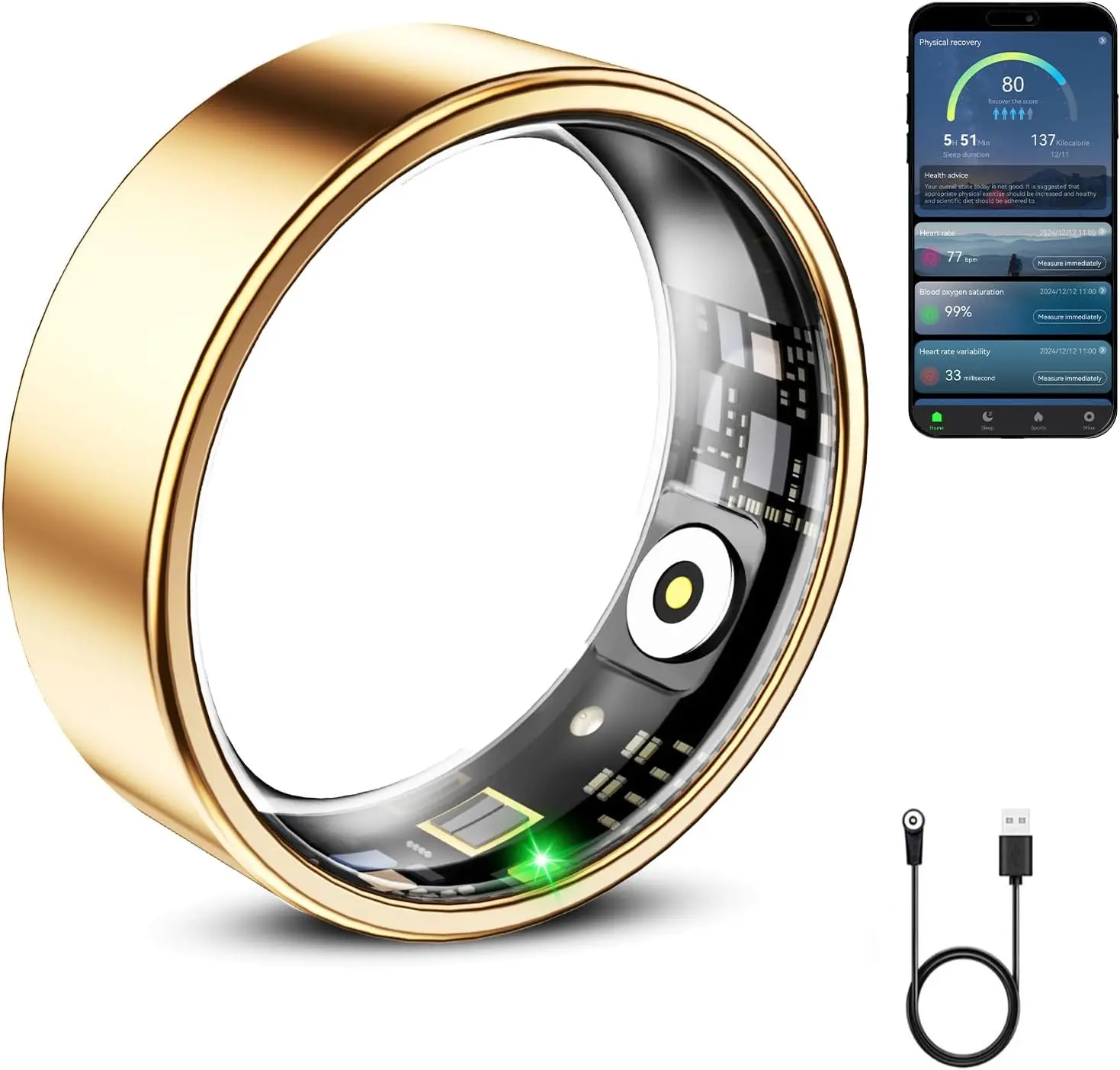 Mirlray Smart Wearable Ring Health Fitness Tracker - Blood Oxygen, Heart Rate Monitor, Sleep Monitoring, Magnetic Charging, Long-Lasting Battery, Waterproof, Android Compatible, Gold Size 7 for Adults