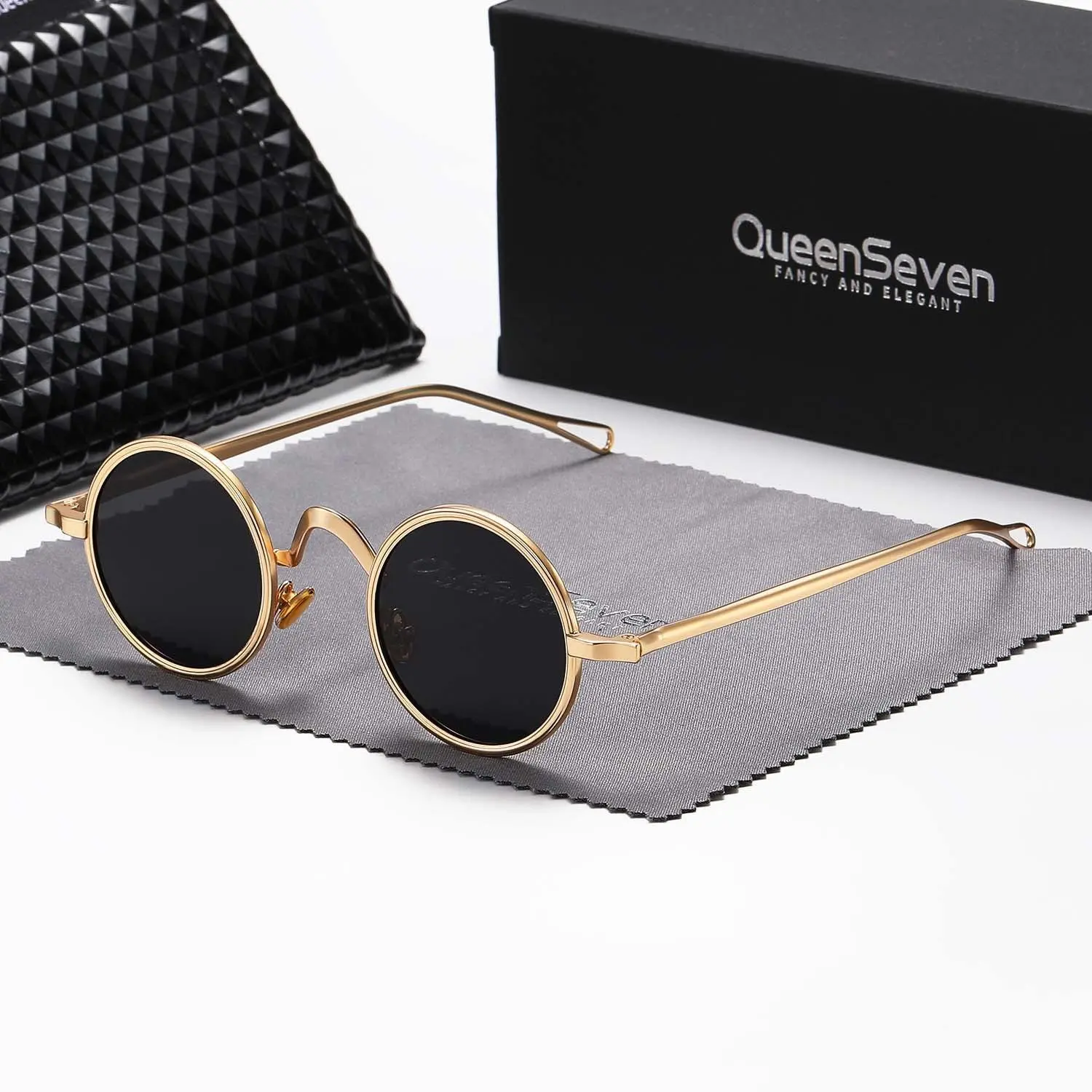 QueenSeven unisex retro round punk sunglasses eyeglass legs, water drop-shaped hollow design, polarized sunglasses UV400