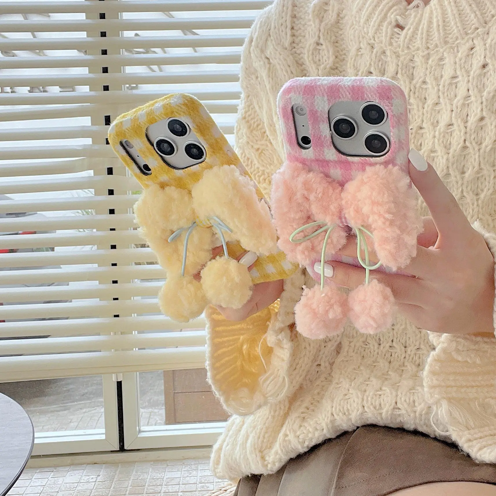 Korean Ins Plaid Plush Bowknot Phone Case For IPhone 17 17pro 17pro Max 16 15 14 13 Pro Max Luxury Phone Back Cover﻿﻿