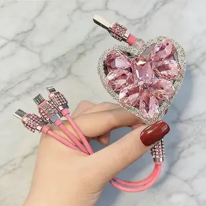 Pink Bling Rhinestone 3-in-1 Retractable Charging Cable, Universal Multi Charger Cord for Car, Cute Sparkly Decor for Vehicle, Office & Travel Use
