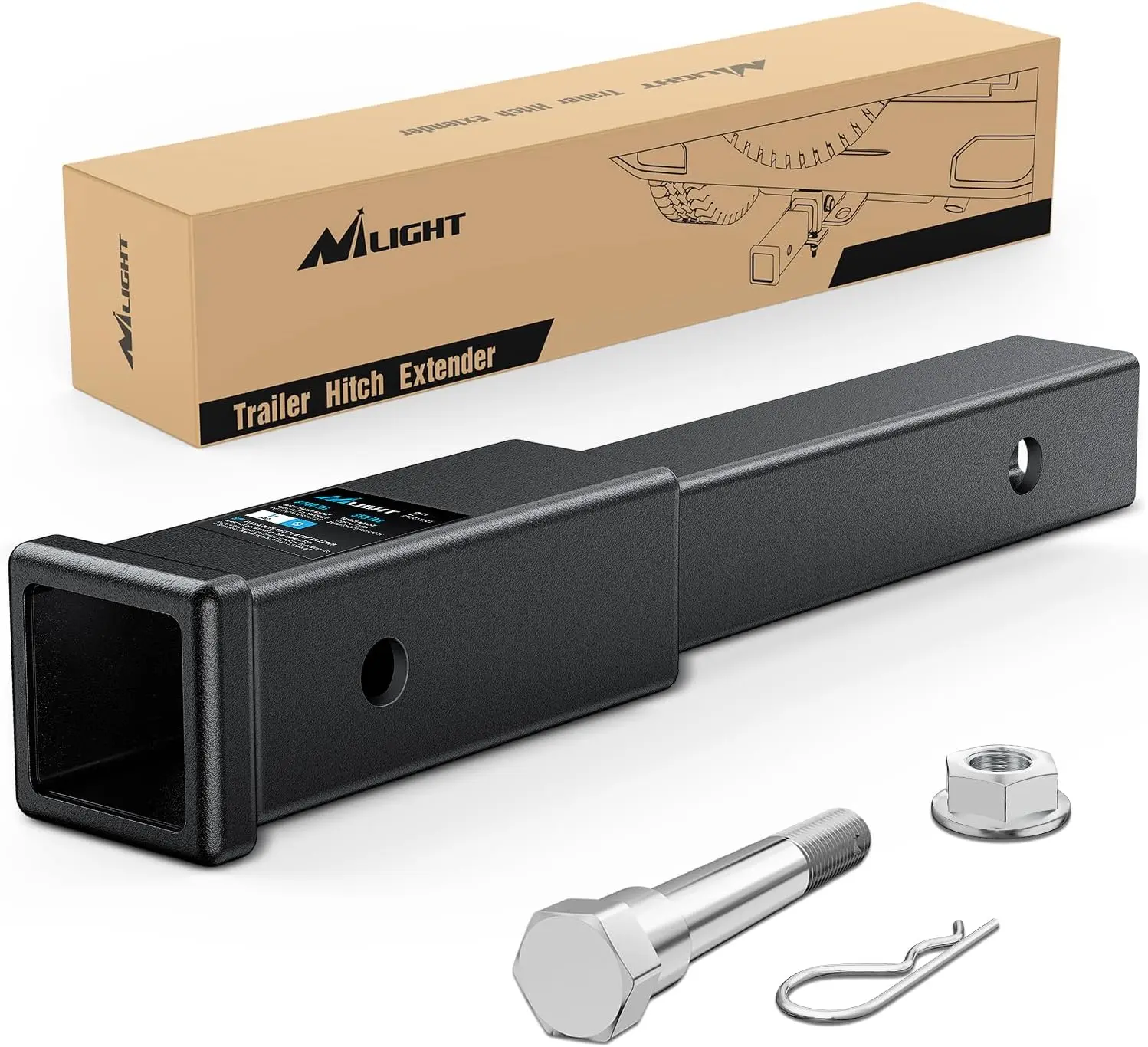 Nilight Trailer Hitch Extender - 12 in Clearance Adder, Fits 2 in Receiver Tube & Class 3/4 Hitch Receiver, 5/8 in Stainless Steel Bolt, Flange Nut & Clip, 3500 LBS GTW, Matte Black Finish, Easy Outdoor Installation, 12 Inch