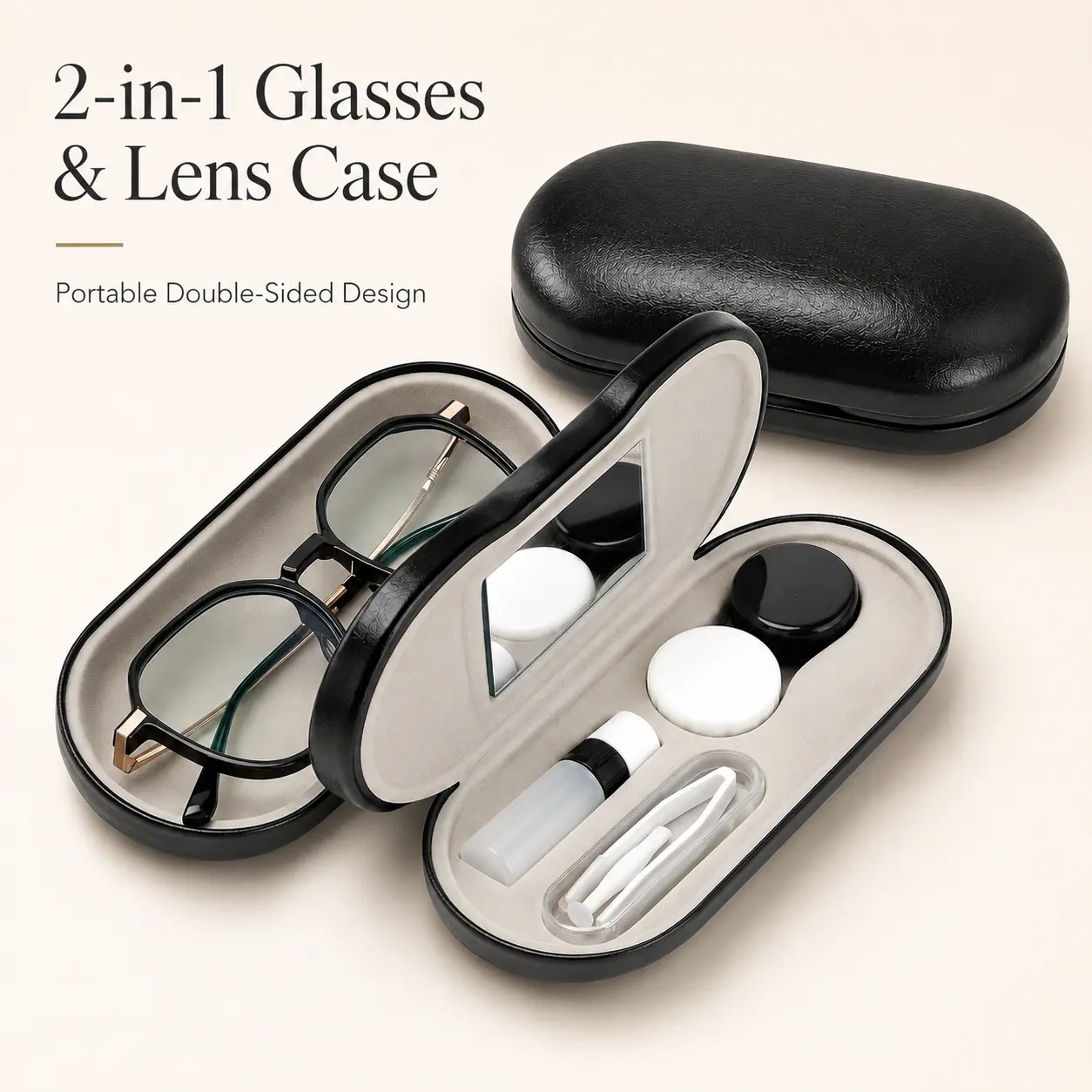 PU Leather 2-in-1 Eyeglasses & Contact Lens Case, Double-Sided Portable Holder with Built-in Mirror & Accessories Kit for Travel, Eyeglass Accessories, Polyurethane (Pu) - MM2