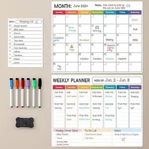 3 Pack-Monthly Magnetic Dry Erase Calendar for Refrigerator, Weekly, Daily Magnet Fridge Whiteboard Planner for Chore Chart, Menu, to Do List, 14"X11", w/ 6 Markers, Style 1 Kitchen Pet Decor Gift Room