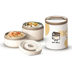 Bento Box Adult -- Round Stackable Lunch Box for Women (450ml & 600ml) with Insulated Carry Bag | 304 Stainless Steel Removable Inserts | Microwave & Dishwasher Safe, White