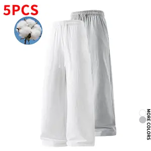 Two-pack men’s cotton-linen wide-leg pants with an elastic drawstring waist; loose, casual long pants that are lightweight and breathable for home wear, suitable for everyday streetwear and more. fathersdaygift