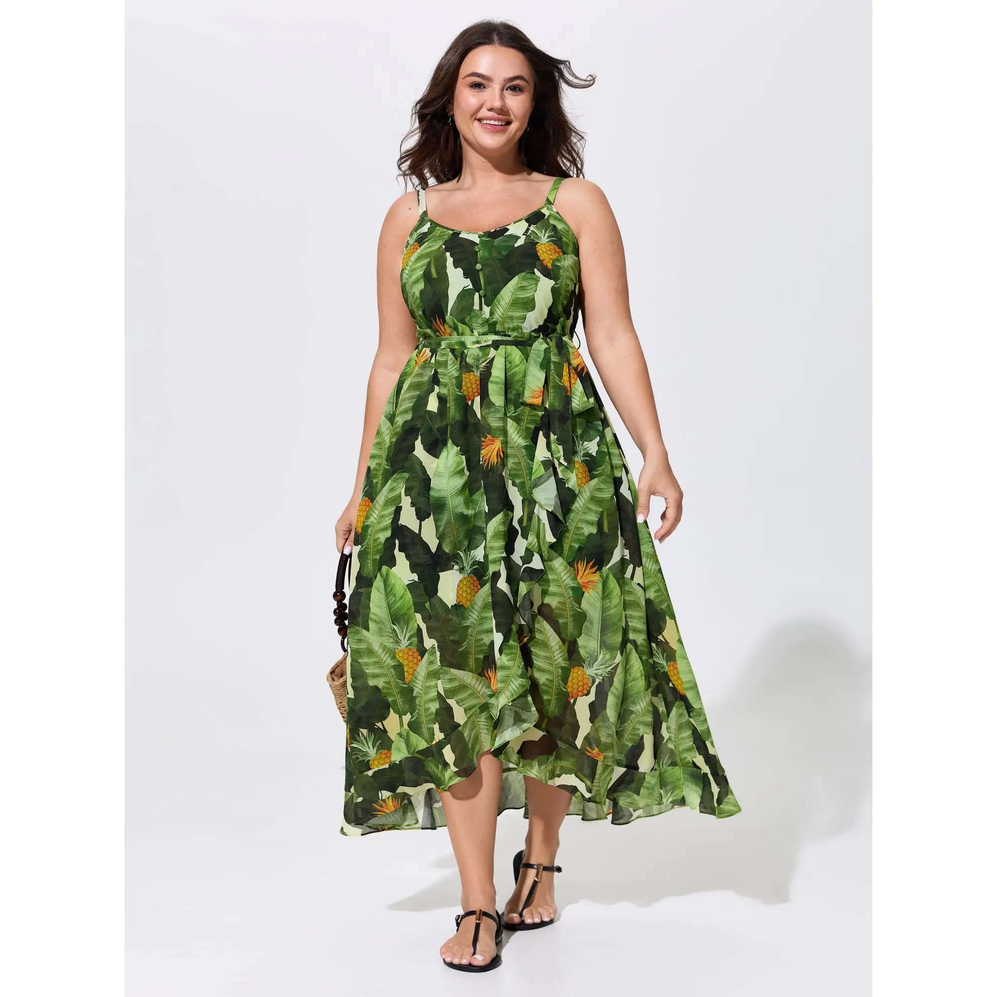BloomChic Women's Plus Size Tropical Resort Maxi Dress - Sleeveless, Asymmetrical Button-Front, Belted Smooth Polyester, Flattering Cut, Hidden Pocket, Low Iron, Cold Machine Wash for Vacation Summer Casual Wear