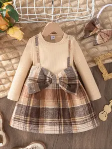 Autumn Winter New Clothing, Girls' Plaid Bow Long Sleeve Dress, Sweet Cute Design, Suitable for Daily Wear & Parties