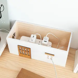 1 wooden cable storage box | Desktop power cord manager with socket protector and plug cover, dust-proof charging socket storage box