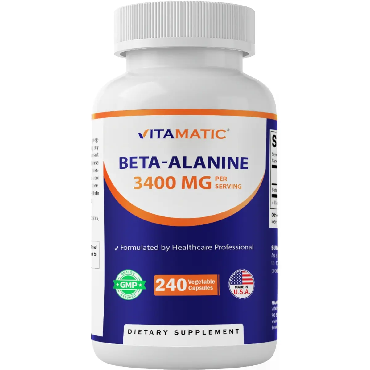 Vitamatic Beta-Alanine Clean Fitness Dietary Supplement Capsules - 3400 mg Per Serving, Sugar-Free, Supports Endurance, Muscle Performance - 240 Vegetable Caps for Adult Fitness Enthusiasts