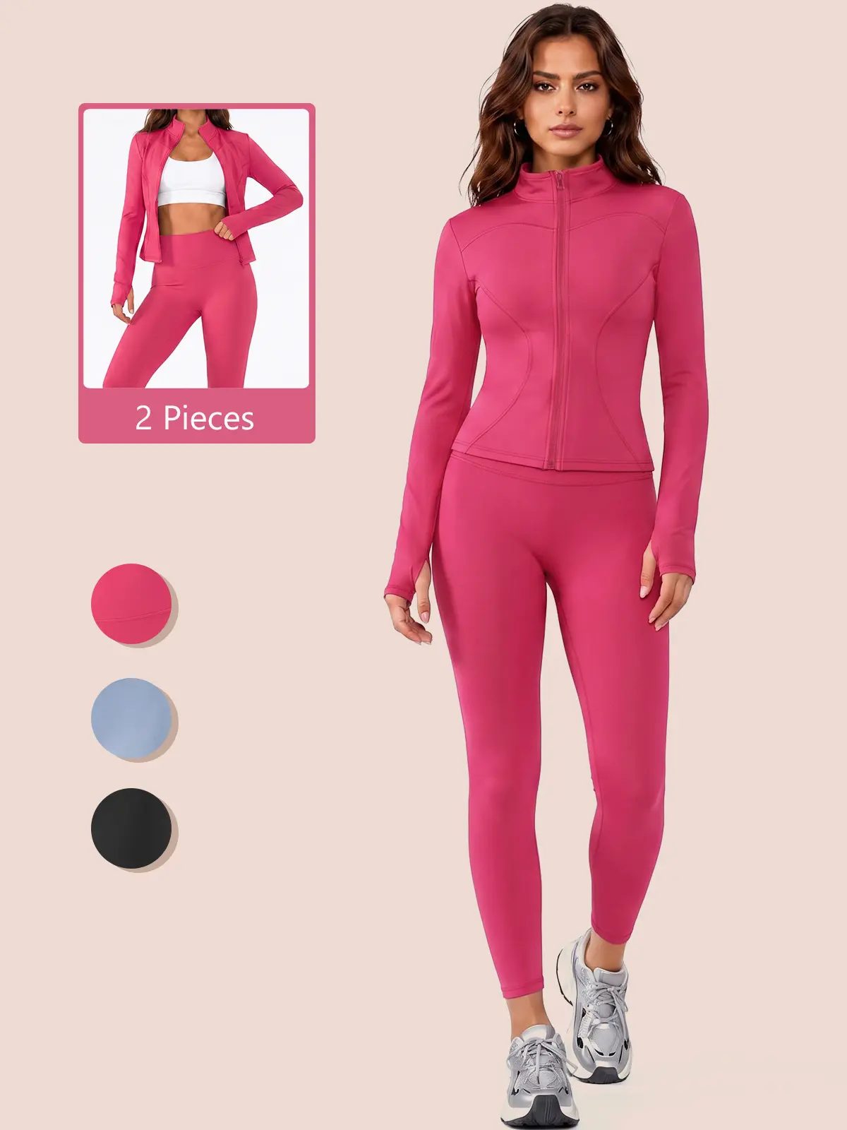 RIOJOY Women 2‑Piece Workout Active Set, Reverse‑Coil Zip Up Cropped Jacket with Thumb Holes, High Waist Tummy Control Butt Lifting Leggings, Matching Fitness Outfit for Gym Yoga Pilates