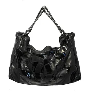 Pre-owned CHANEL Lambskin Leather Tote Bags Black Checkered Leather Shoulder Bag Shopper Tote