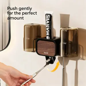 No-Drill Toothbrush Holder, Dual-Cup + Toothpaste Dispenser, Wood-Metal Design, Perfect for Bathroom Walls, Tidy & Stylish Oral Care Organizer