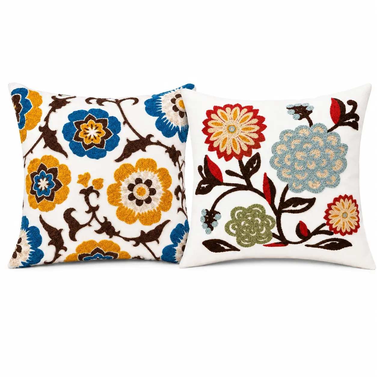Huglina 2-Piece Embroidered Floral Throw Pillow Set with Inserts, 18x18 Inch, Woven Canvas Decorative Accent Pillows for Sofa, Couch, Bed & Home Décor