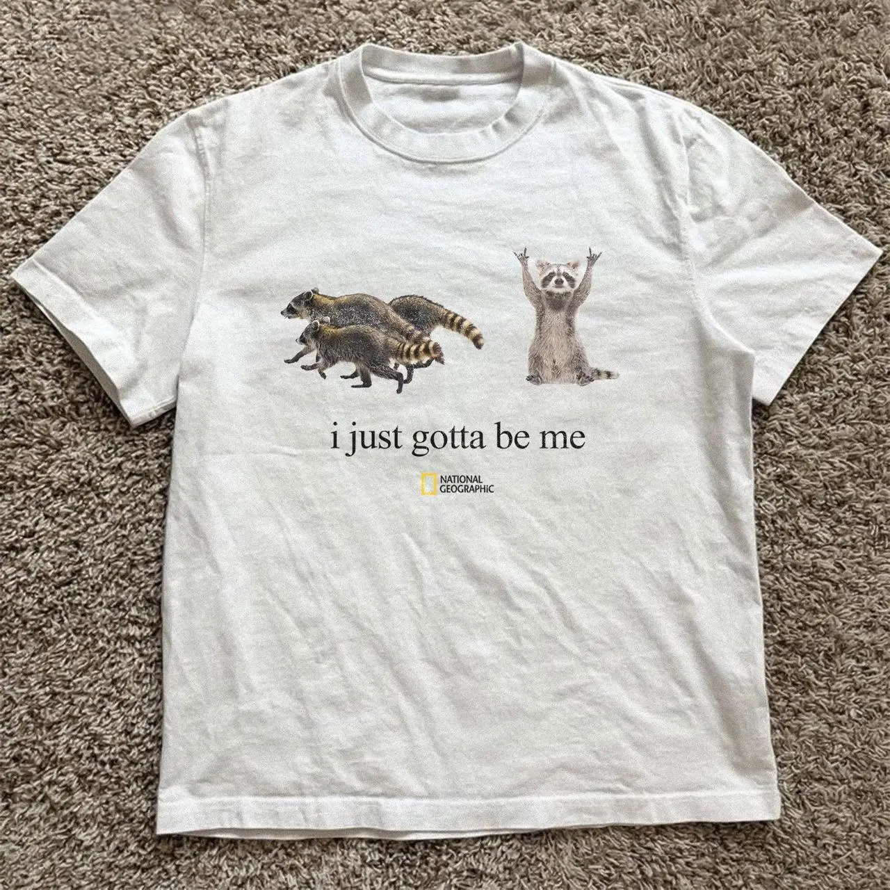 Gildan Men's and Women's T-shirt, National Geographic Raccoon “I just gotta be me” tee, Animal tee, Y2k Unisex Graphic Tees Gothic Grunge Emo Scene Amity Affliction Style Clothes Menswear Womenswear Streetwear