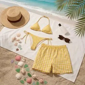 Yellow Gingham Matching Couple Swimwear Set – Classic Checkered Bikini & Board Shorts, Romantic Beach Vacation Outfit