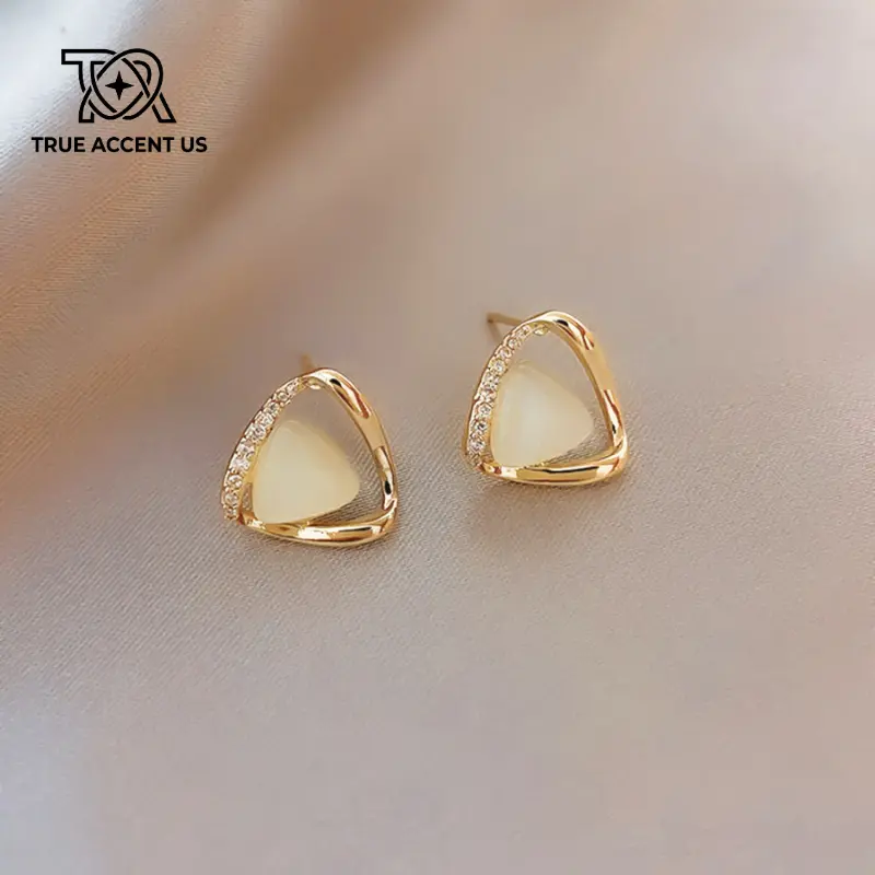 Minimalist Geometric Triangle Metallic Stud Earrings, Gold-Tone with Asymmetrical Cubic Zirconia Pavé, Lightweight Clean Girl Aesthetic Jewelry for Adult Women, Adults, High Polish Gold, Women's Fashion, Everyday, Casual Daily, Hollow Frame, Alloy