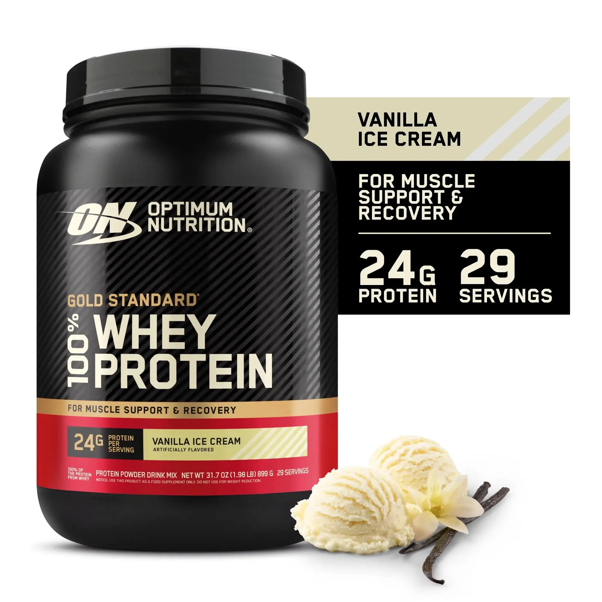 OPTIMUM NUTRITION Gold Standard 100% Whey Protein Powder - 1 Bottle Premium Blended Lean Isolate, Instant Mix Fitness Supplement for All Ages, Vanilla Ice Cream Flavor, 24g Per Serving, 29 Servings, Metabolism Support, Water & Sucralose-Free Lean Protein