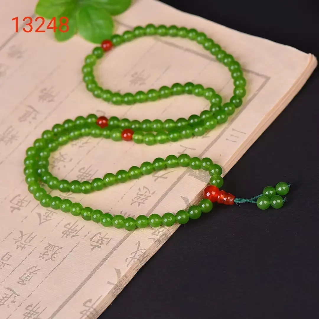 Spiritual Green Jade Beaded Chain, 108 Mala Beads for Vitality, Convertible Bracelet Necklace with Adjustable Braided Tassel, Mala Necklace