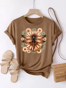 【Plus Size】 Floral & Dragonfly Print Tee, Casual Short Sleeve Round Neck T-shirt for Summer, Women's Plus Clothing for Daily Wear, Top