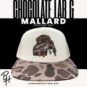 Barnes Store Chocolate Lab & Mallard 7 Panel Hat - Bark Duck Camo Design Structured Look with Adjustable Back