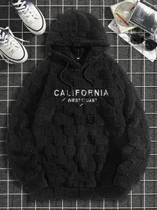 Men's Thick Fleece Hooded Sweatshirt Jacket, Fitted, Embroidered Design, Fall Winter Casual Daily Wear, Comfortable Warm Clothing