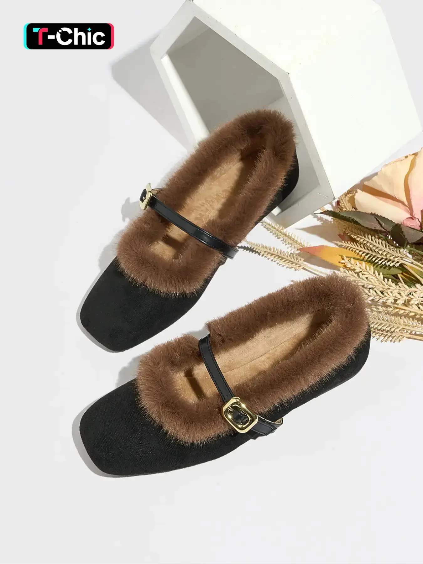 Women's Vintage Soft Sole Mary Jane Flat Shoes, Soft Soled Shoes, Warm Fleece Lined Slip-On Loafers, Elegant All-Season Fluffy Furry Shoes Home Slippers