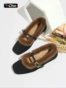 Women's Vintage Soft Sole Mary Jane Flat Shoes, Warm Fleece Lined Slip-On Loafers, Elegant All-Season Fluffy Furry Shoes Home Slippers