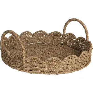 Household Round Handwoven Seagrass Tray with Scalloped Edge and Handles, Natural Household Essentials