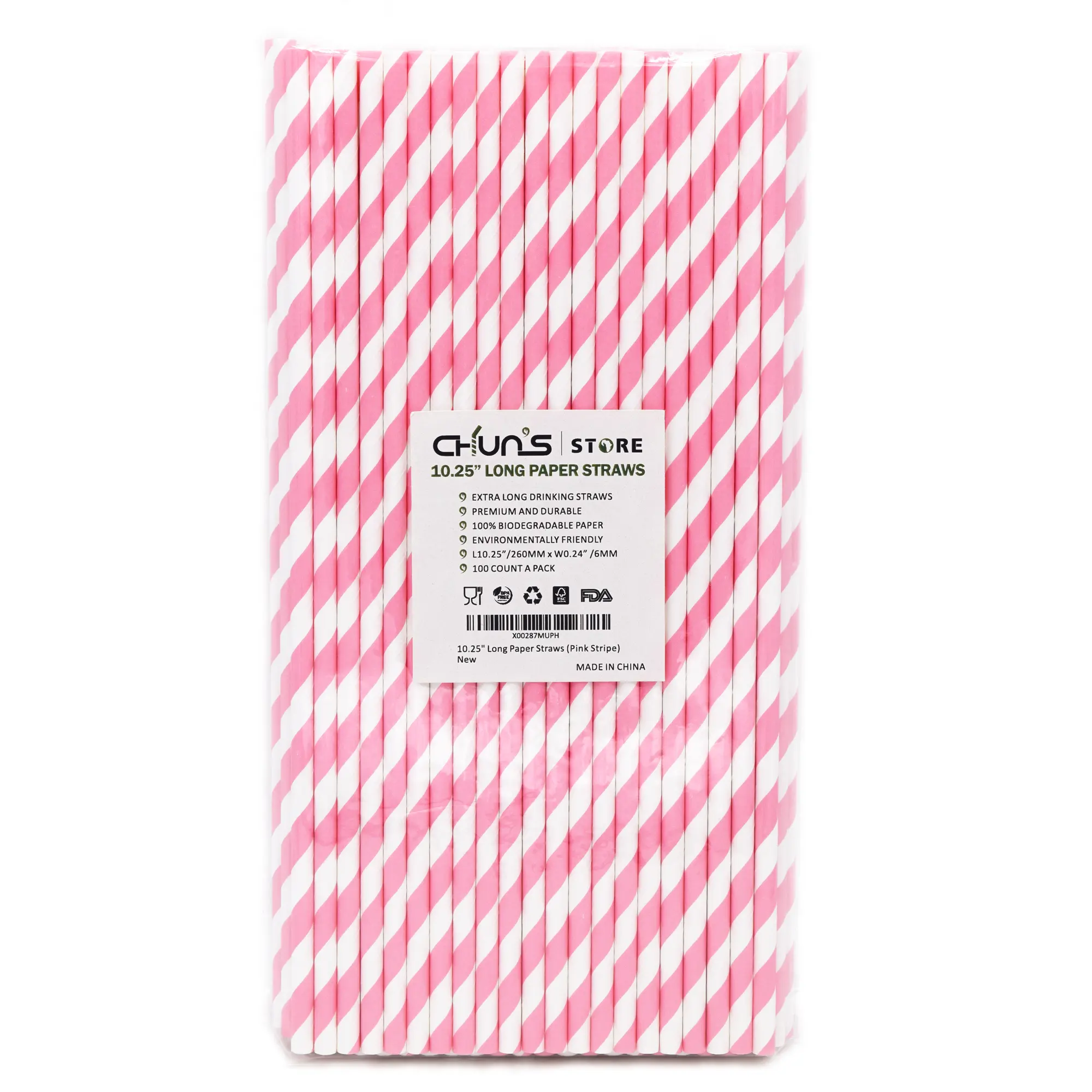 Biodegradable Pink Paper Straws for Drinking - 10 Inches Long, 0.24" Diameter, Pack of 100