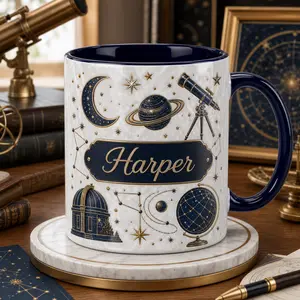 Custom Astronomy Teacher Name Mug, 2D Printed 3D Effect Ceramic Coffee Cup, Navy Gold Space Telescope Planet Stars Design, Personalized Gift for Astronomy Teachers, Stargazers, Science Lovers, Birthday Christmas Gift  Độ dài: 211 ký tự