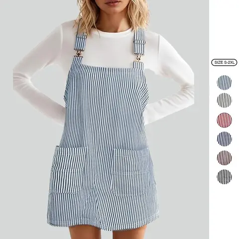 Imily Bela Womens Casual Denim Dress Summer Striped Overalls Romper Adjustable Straps Sleeveless Jean Dresses with Pockets